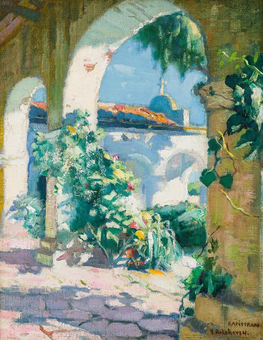 Vista della chiesa dal giardino (Capistrano, California)